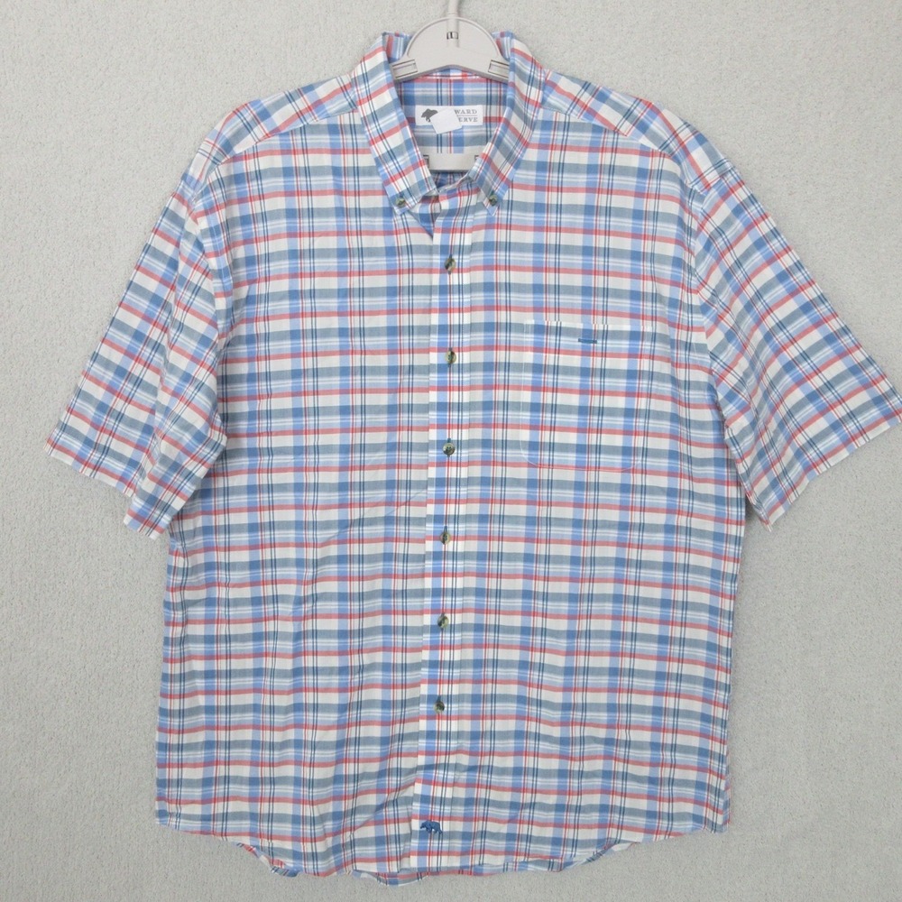 Onward Reserve Button Down Shirt Mens L Blue Red Plaid Excellent Short Sleeve